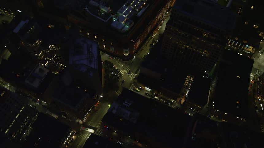 Aerial view of skyscrapers in the city at night