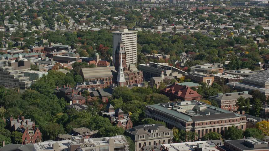 An aerial view of a city with historical brick buildings