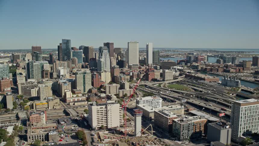 Aerial view of an urban city by the sea