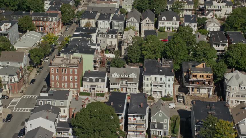 Aerial view of residential buildings on a neighborhood in the city