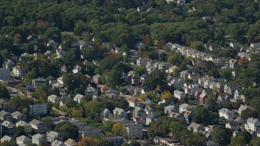 Aerial view of a neighborhood in a small town
