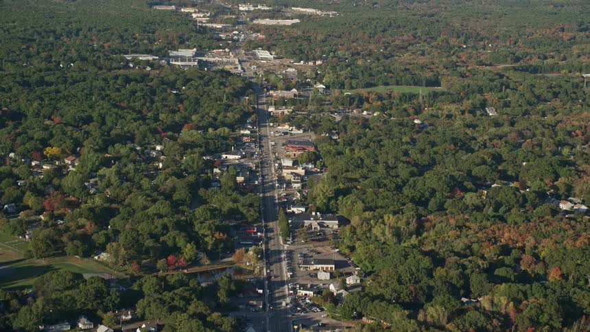 A busy road in a suburban area with trees on both sides at midday