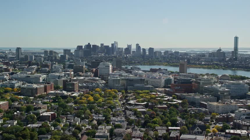 Panorama of a city with a central lake and skyscrapers on the horizon