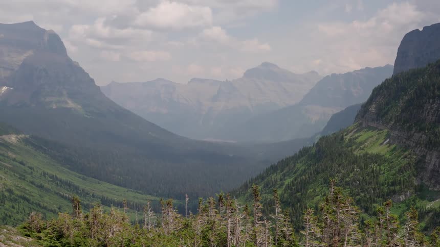 A view of a forest nestled among the mountains in a natural landscape