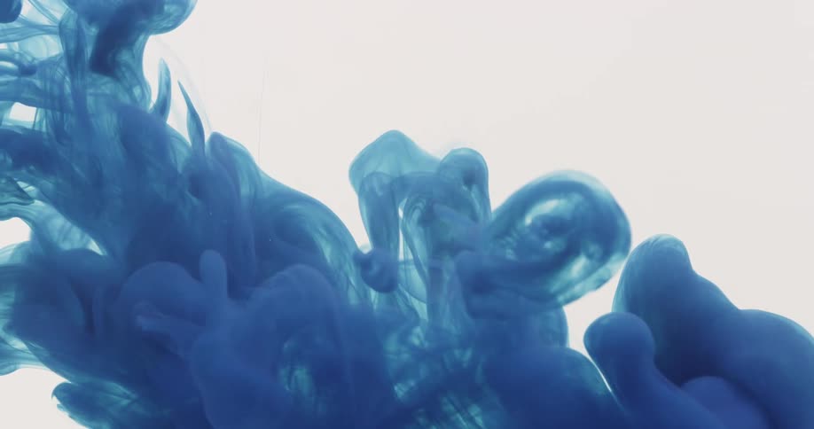 Cloud of blue ink flows down on a white background