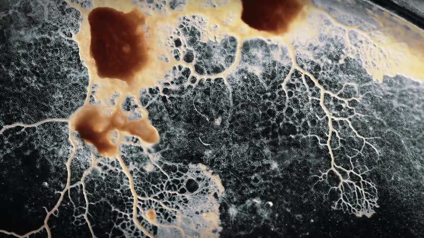 Fungus grows on a dark surface