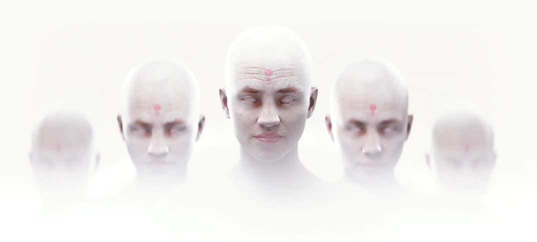 Faces of people with white eyes and red marks on their foreheads