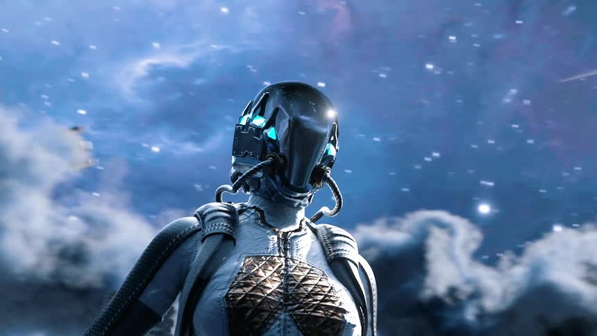Woman astronaut wearing a futuristic space suit looks at the starry sky
