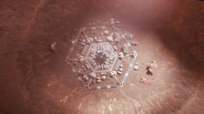 Aerial view of a city settlement on Mars in the sunlight