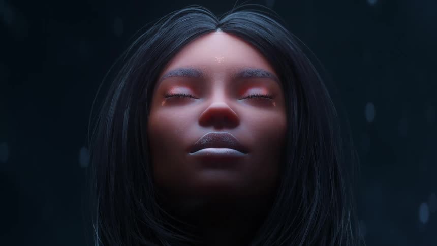 Woman with blinking lights in her eyes in a futuristic animation