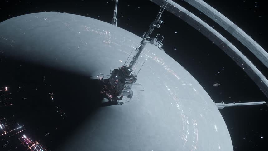 Small spacecrafts move between outer rings and main body of space station