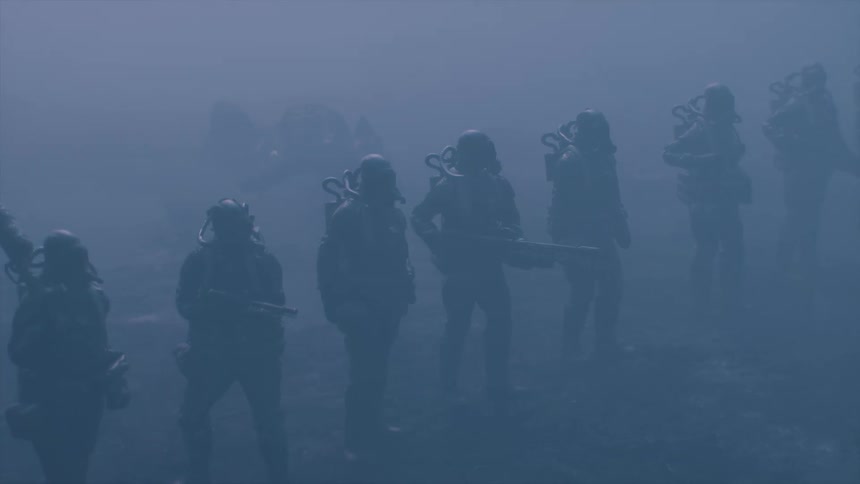 A lineup of soldiers are holding weapons