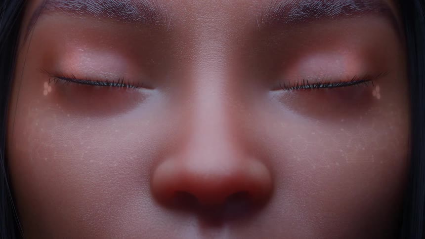 Lights flash inside the eyelids of a futuristic woman
