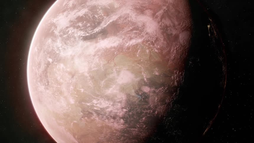 A distant planet turns toward the nightside revealing lights of cities from orbit