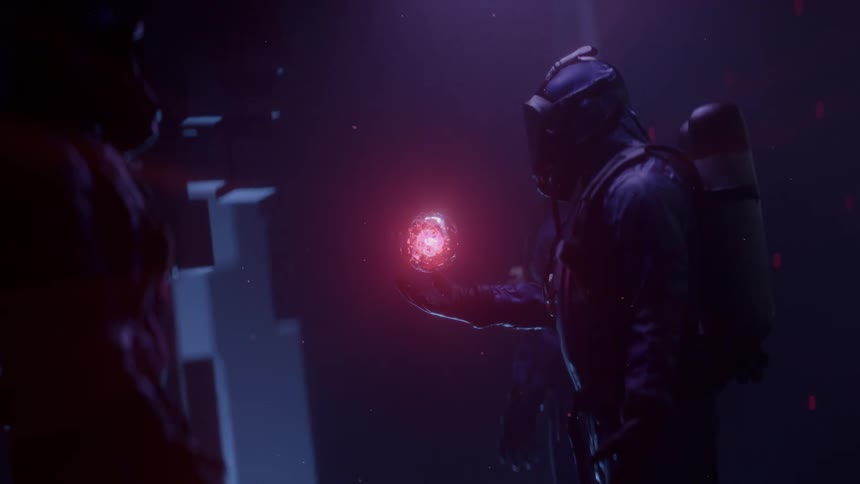 An adult wearing a blue environmental suit holds his hand under a pink energy ball