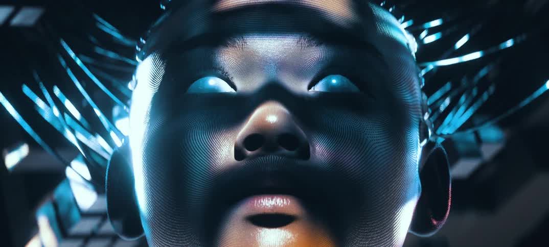 Close up of the shiny eyes of a cyborg connected to machinery
