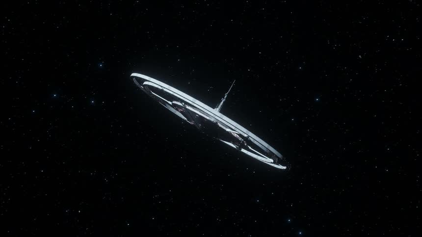 Circular space station floating in outer space