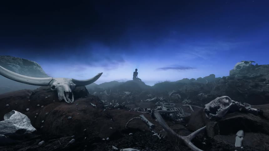 Person silhouetted against cloudy sky sits near field of animal bones overlooking valley