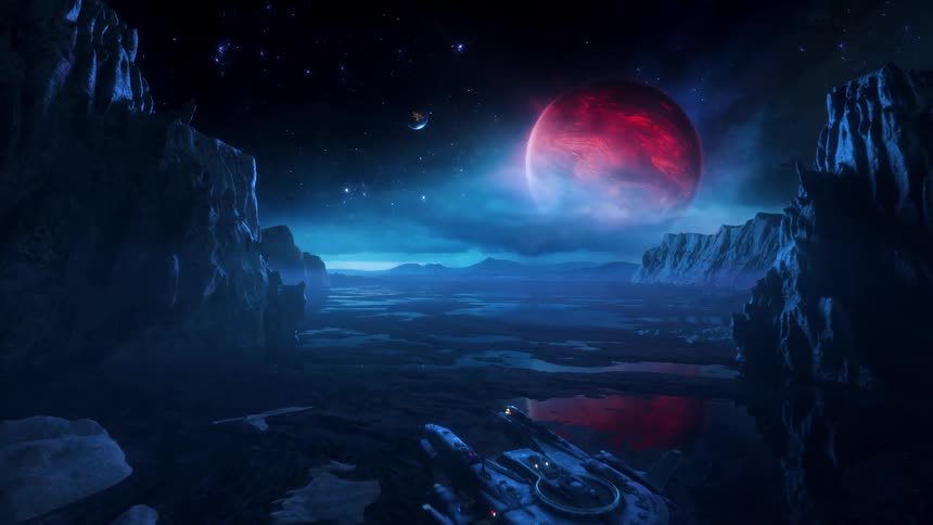 Computer generated space terrain planets and moon
