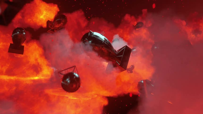 Nuclear bombs are floating and falling in a fiery explosion