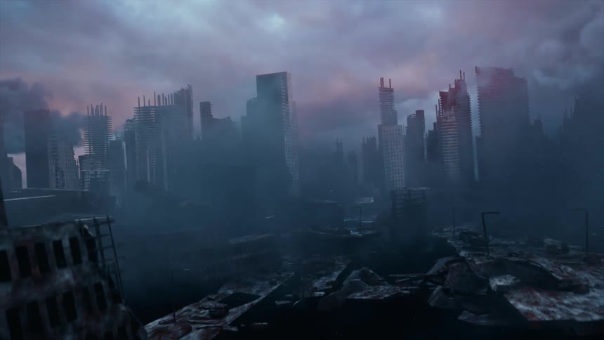 Animation of a completely destroyed dark city