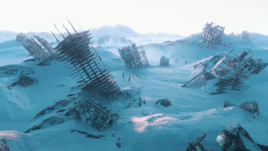 Debris breaking on a snowcovered ground in an abstract animation