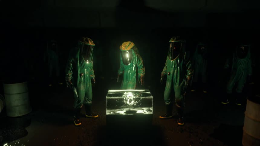 Researchers in hazmat suits study a strange bioengineered organism in a laboratory