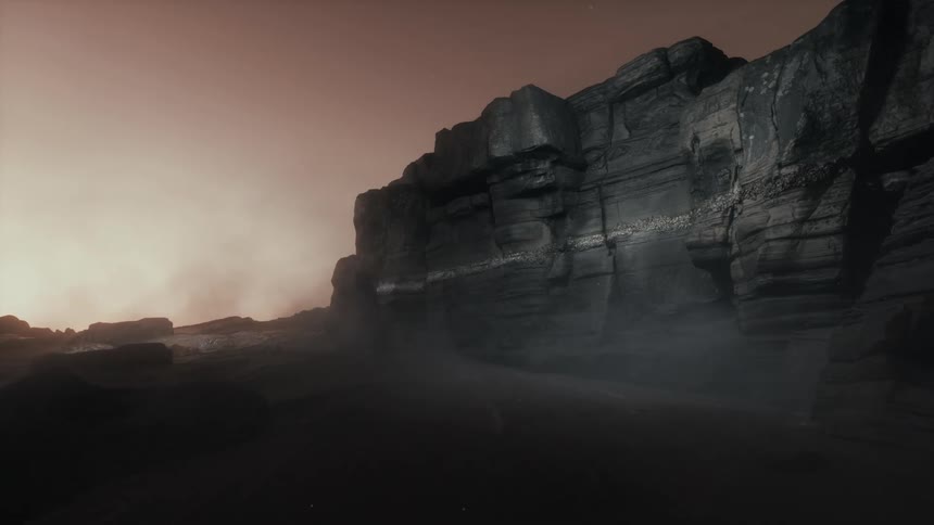 Cliffs on an alien landscape at sunset