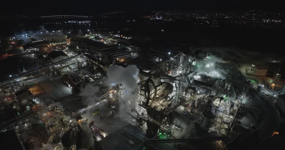 Steam from a factory fills the night air along the coast as lights glow in the darkness