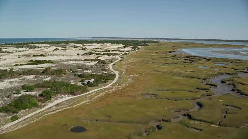Aerial view of fields near swamps and marshes