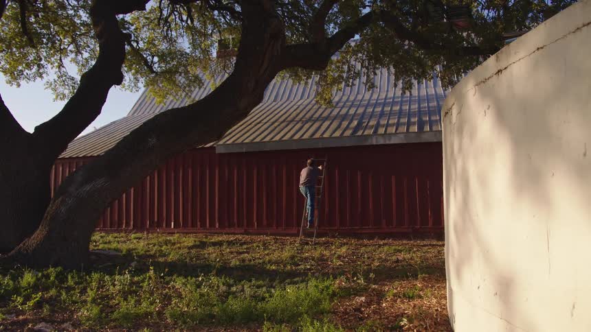 Man climbing stairs towards the rooftop of a construction on a rural setting next to a big tree