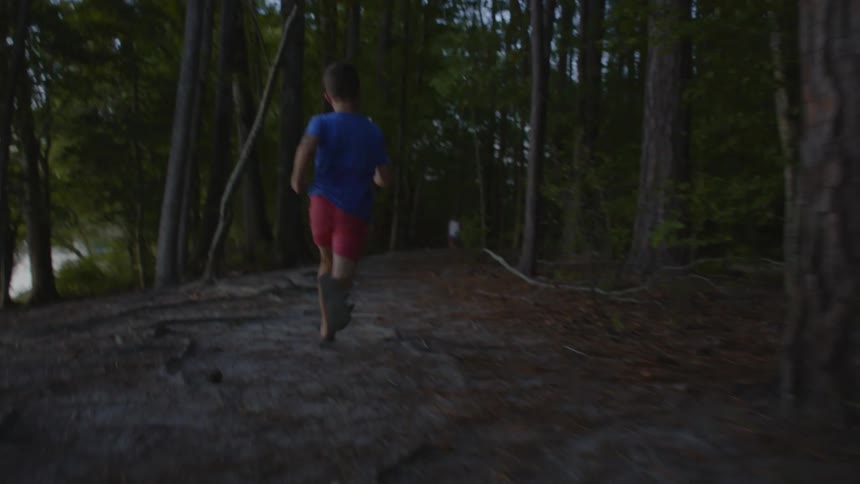 Child running through the forest at dusk