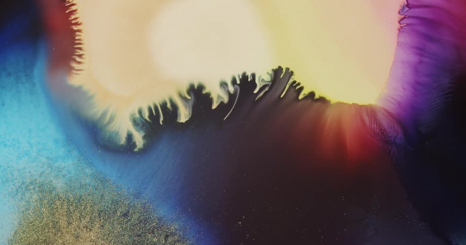 Moving abstract liquid ink shapes with gold background