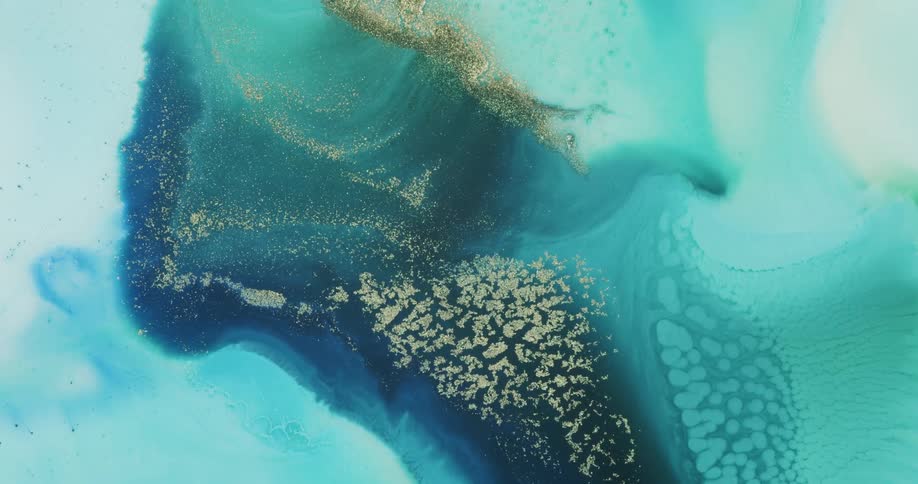 Liquid abstract flowing inks with gold pigments