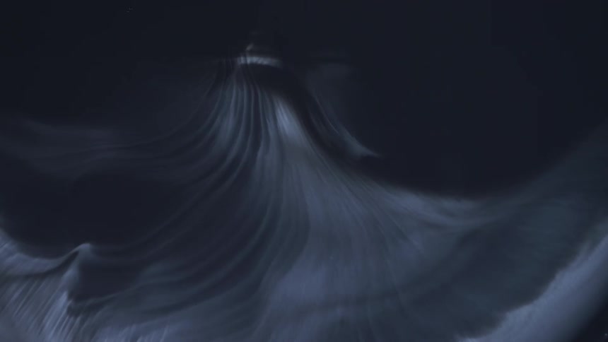 An organic round object with circular textured glowing areas falls in the darkness
