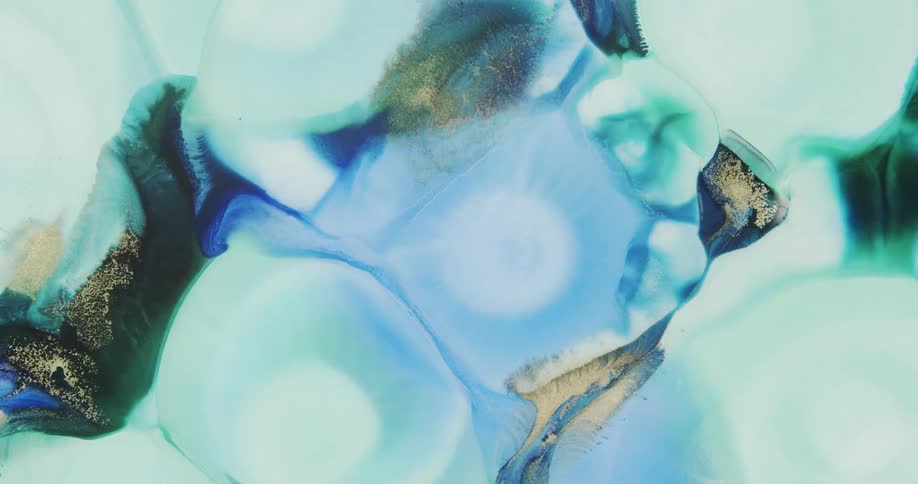 Liquid abstract flowing inks with gold pigments