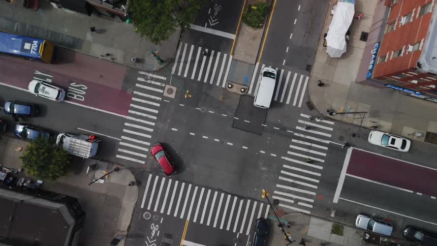 An aerial view of a busy intersection in a city