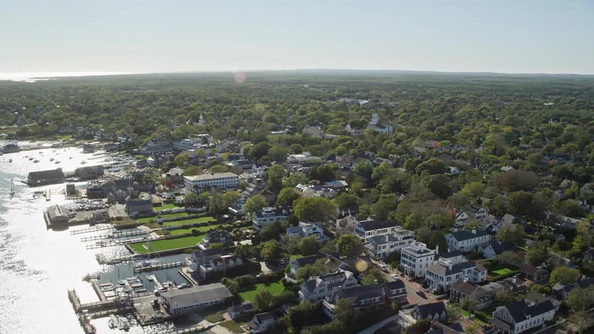 Aerial view of edgartown harbor with the edgartown memorial wharf