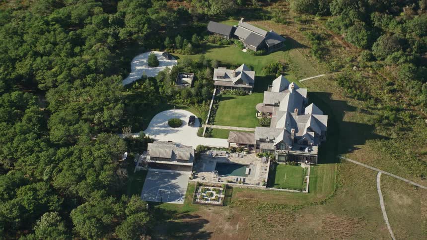 Aerial view of a mansion by the sea and surrounded by a forest