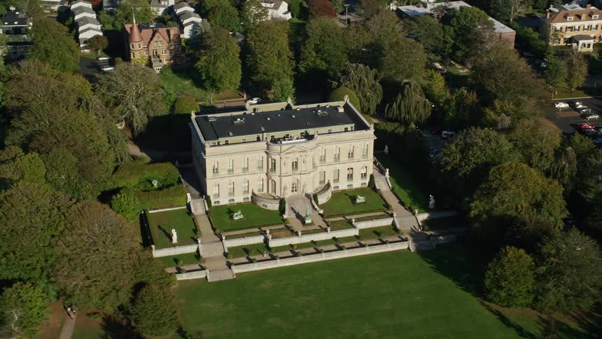 Aerial panorama of the exterior architecture of a mansion