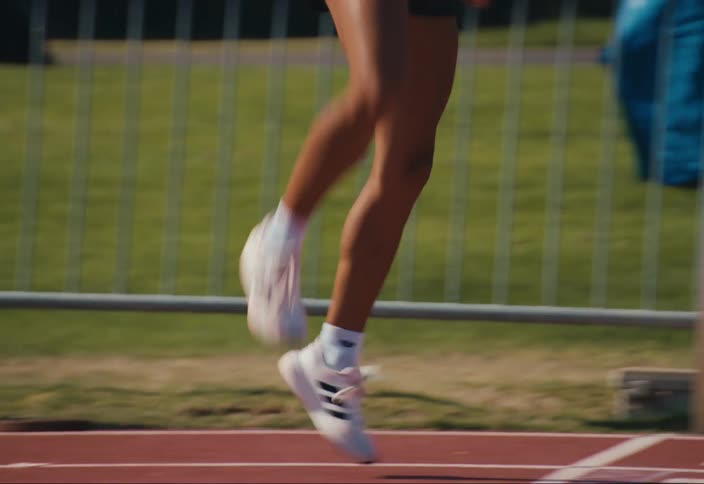 Female athlete warms up on track at sports field