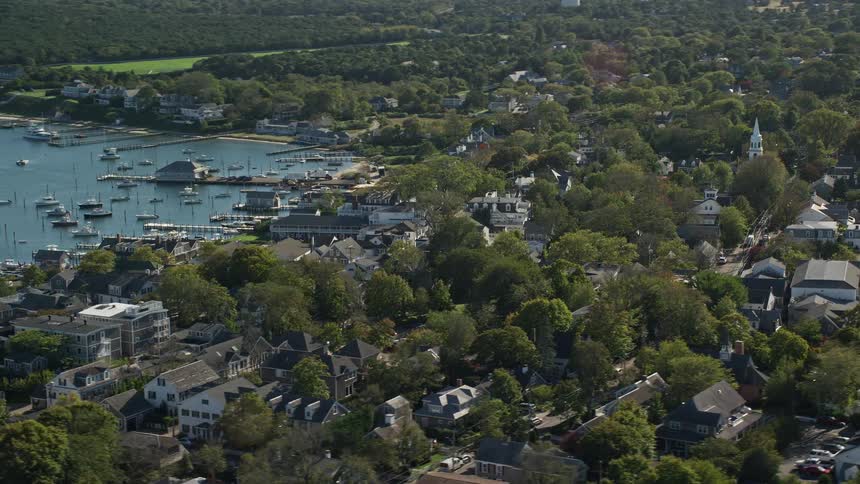 A suburban town sitting close to a river as the town is covered with trees and green vegetation