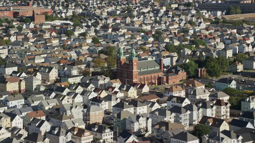 Aerial panorama of a residential city by the sea