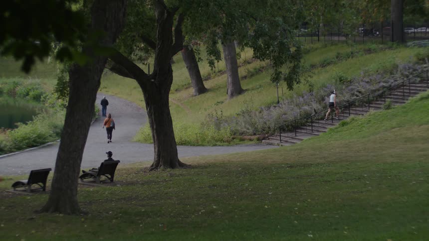 A man sits on a park bench between trees near stairs as people walk by