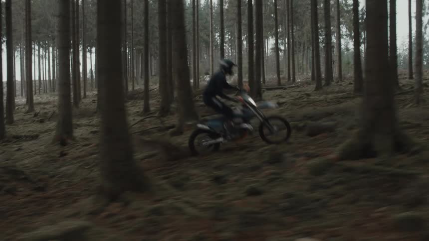 A person riding a motorcycle in the middle of the foggy forest
