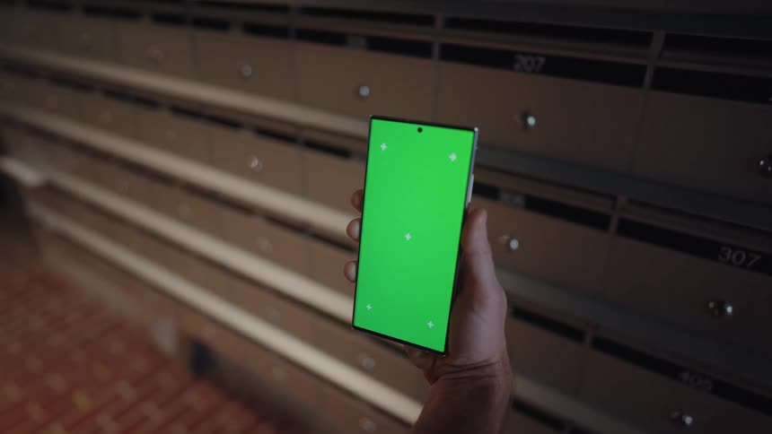 A person holding a cell phone with a green screen