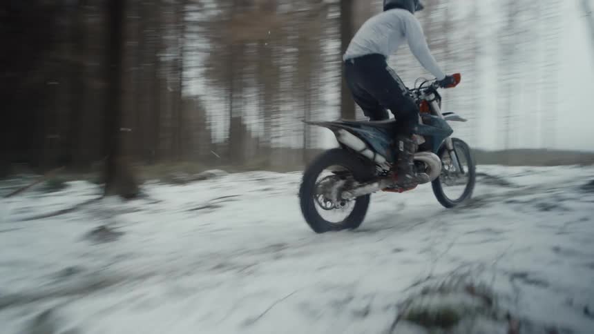 Person perform stunts on motorcycle in a forest with tall trees