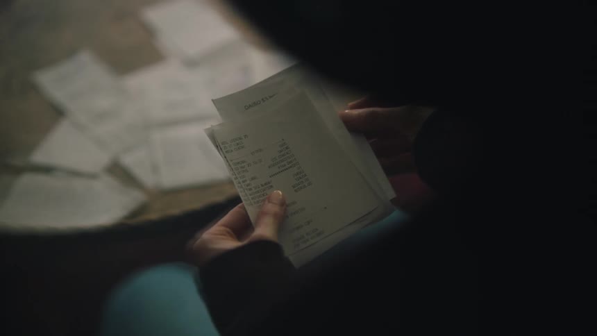 A woman reads through printed papers while seated indoor