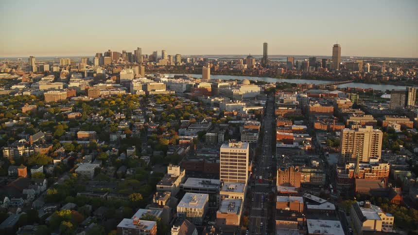 Aerial view of the city skyline at evening