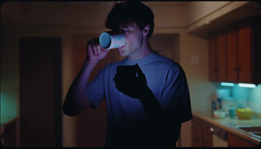 Man sipping a cup of coffee while reading something on his phone that startles him
